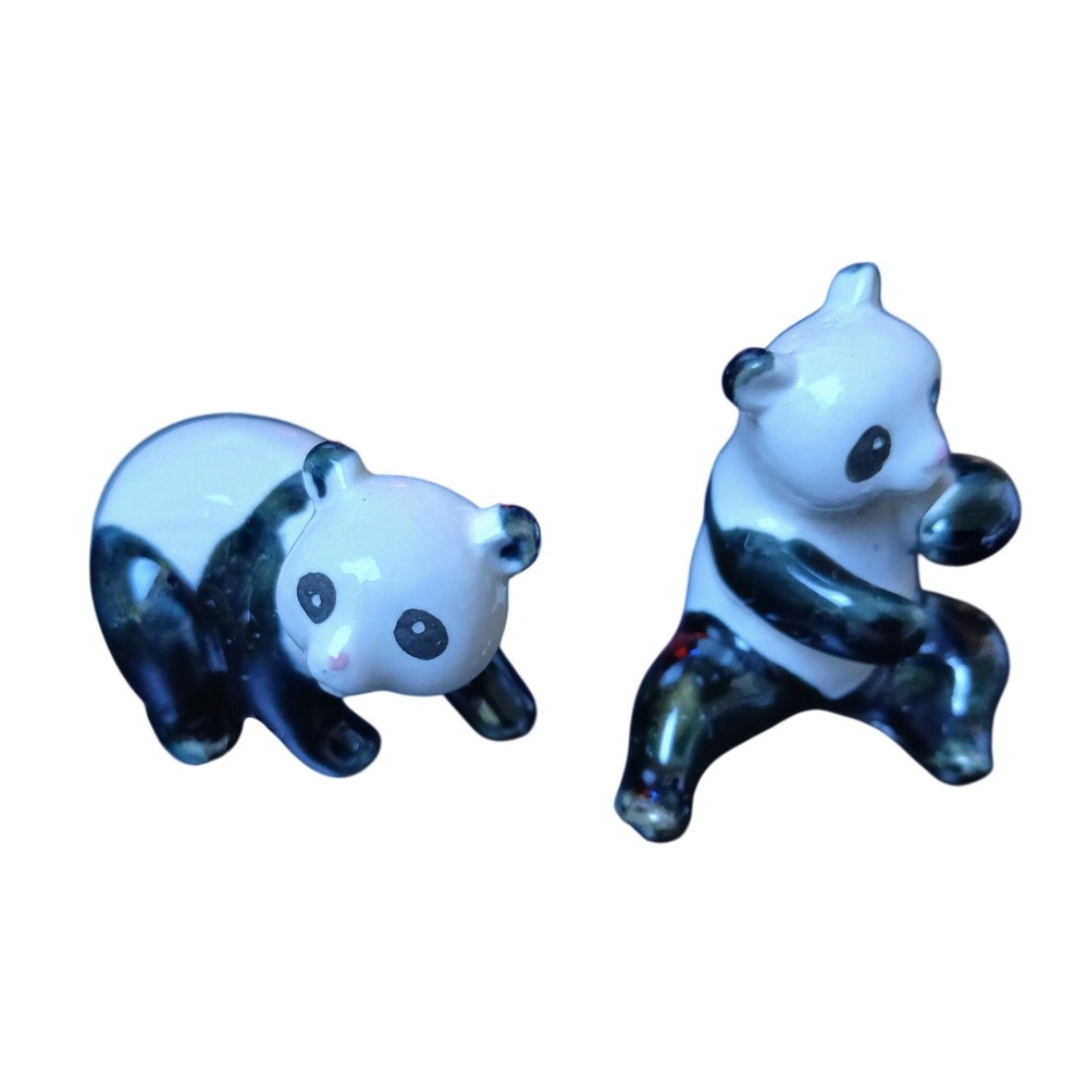 Vintage Miniature Ceramic‎ Panda Bear Figurines Set of 2 Black White Glossy